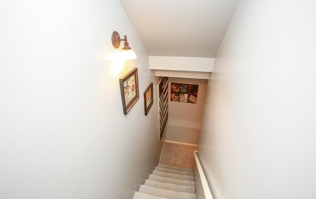 staircase with carpet floors and baseboards