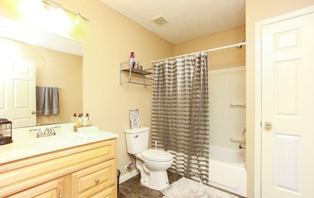 full bathroom with shower / bath combo, visible vents, toilet, and vanity
