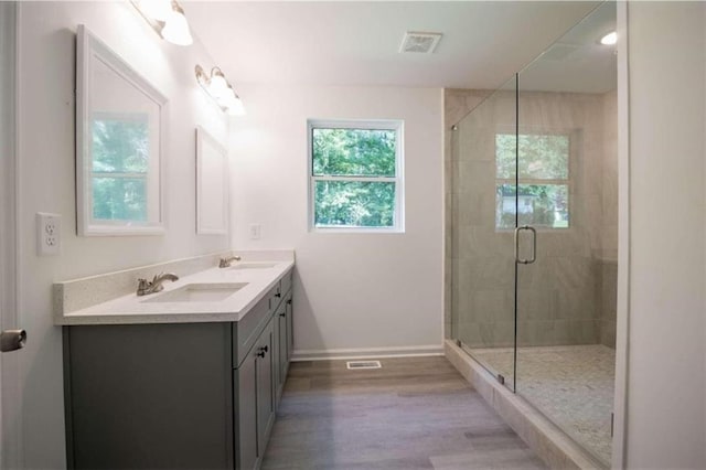 bathroom featuring a shower with door, vanity, and hardwood / wood-style flooring