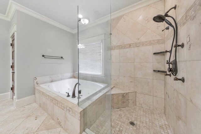 bathroom with tile patterned floors, separate shower and tub, and ornamental molding