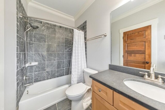 full bathroom with vanity, tile patterned floors, crown molding, toilet, and shower / bathtub combination with curtain