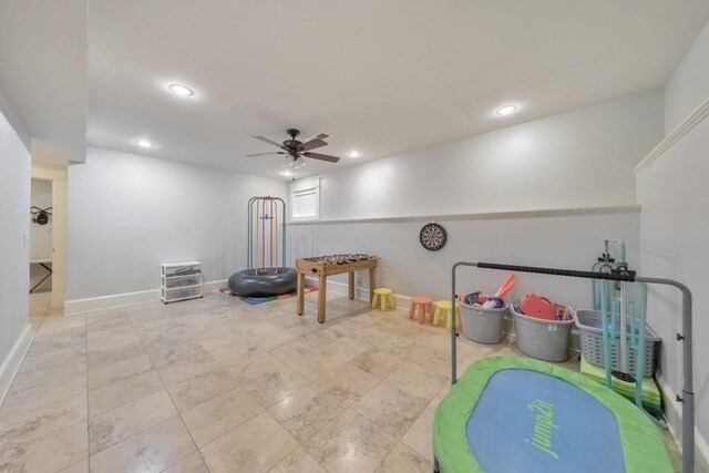 recreation room featuring ceiling fan