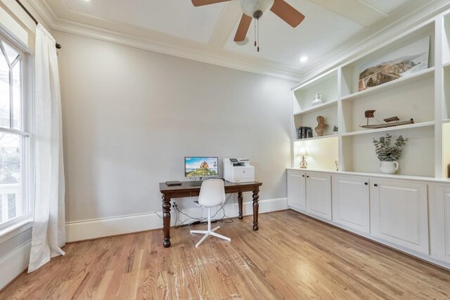 office featuring light hardwood / wood-style floors, ceiling fan, and ornamental molding