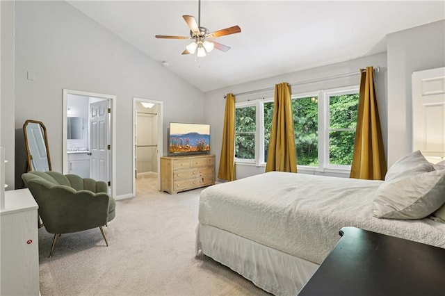 208 Hembree Park Ter, Roswell, GA 30076 - bedroom with light colored carpet, ensuite bathroom, ceiling fan, and high vaulted ceiling