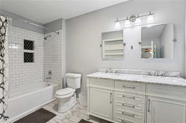 208 Hembree Park Ter, Roswell, GA 30076 - bathroom featuring double vanity, shower / bath combo, and marble look tile flooring