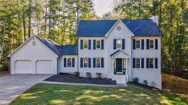 colonial home featuring a garage and a front lawn