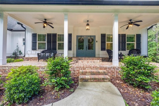 726 Swilling Rd, Eastanollee, GA 30538 - entrance to property with a ceiling fan, covered porch, and french doors