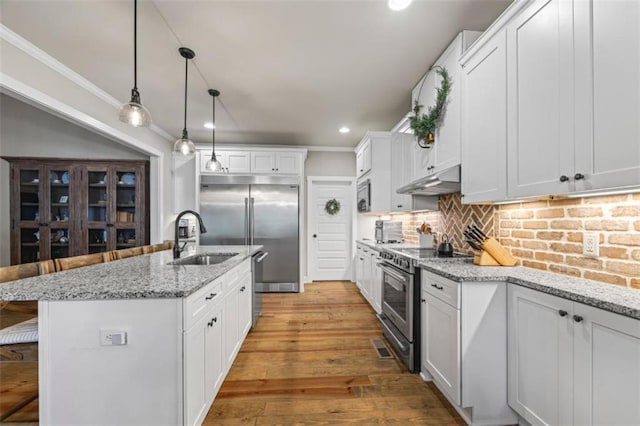 726 Swilling Rd, Eastanollee, GA 30538 - kitchen featuring high end appliances, a sink, light wood-type flooring, decorative light fixtures, and white cabinets