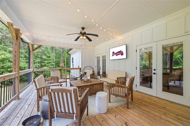 726 Swilling Rd, Eastanollee, GA 30538 - wooden terrace featuring french doors, ceiling fan, and outdoor lounge area