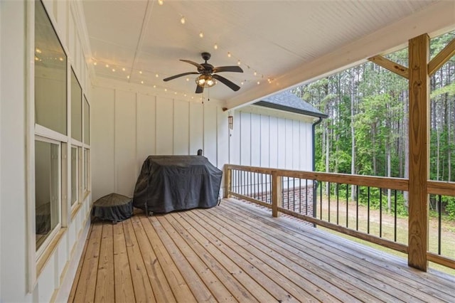 726 Swilling Rd, Eastanollee, GA 30538 - wooden deck featuring a ceiling fan and grilling area