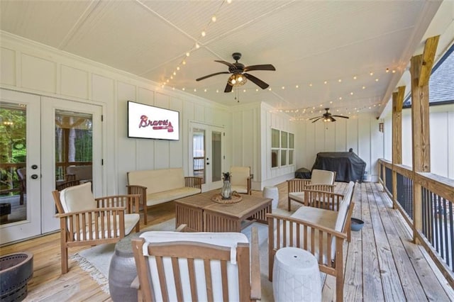 726 Swilling Rd, Eastanollee, GA 30538 - wooden deck featuring french doors, an outdoor living space, and a ceiling fan