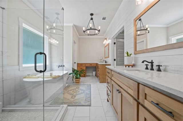 726 Swilling Rd, Eastanollee, GA 30538 - bathroom with a chandelier, ornamental molding, a stall shower, healthy amount of natural light, and vanity