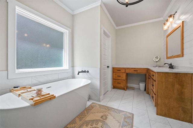 726 Swilling Rd, Eastanollee, GA 30538 - bathroom featuring crown molding, vanity, marble finish flooring, and a soaking tub