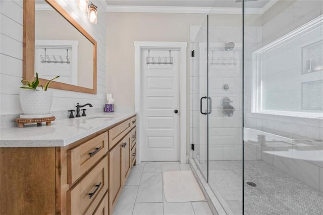 726 Swilling Rd, Eastanollee, GA 30538 - full bathroom featuring ornamental molding, a stall shower, vanity, and marble look tile flooring