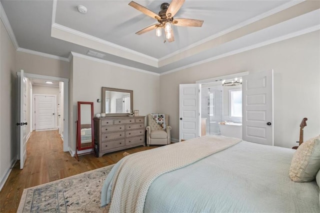 726 Swilling Rd, Eastanollee, GA 30538 - bedroom featuring a raised ceiling, wood finished floors, ornamental molding, a chandelier, and ensuite bathroom