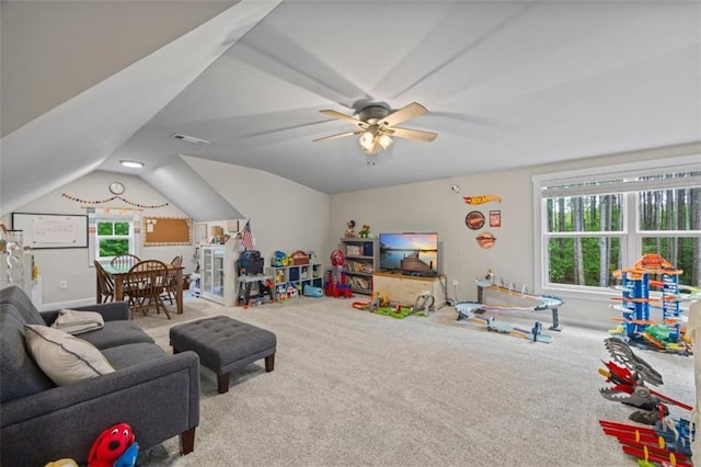 726 Swilling Rd, Eastanollee, GA 30538 - playroom featuring carpet flooring, a ceiling fan, and lofted ceiling