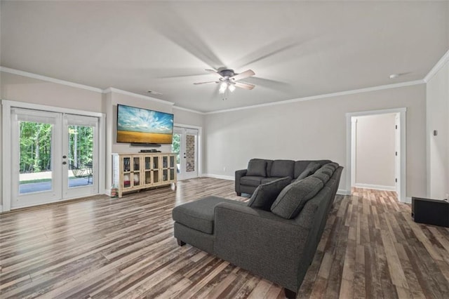 726 Swilling Rd, Eastanollee, GA 30538 - living room with french doors, wood finished floors, baseboards, and ornamental molding