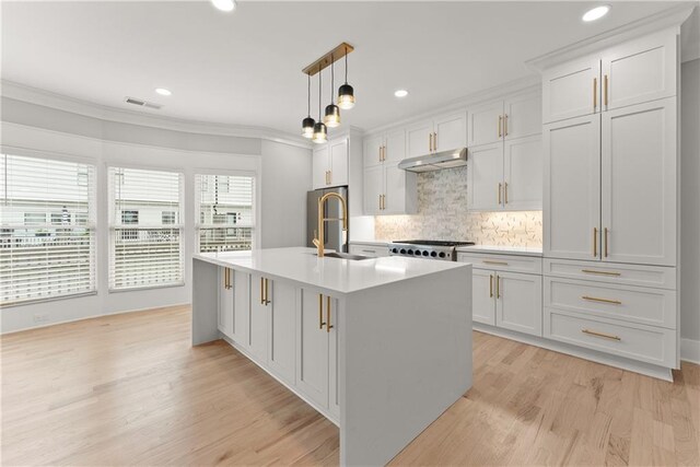 3932 Boston Common St, Suwanee, GA 30024 - kitchen with a sink, light wood finished floors, under cabinet range hood, tasteful backsplash, and an island with sink