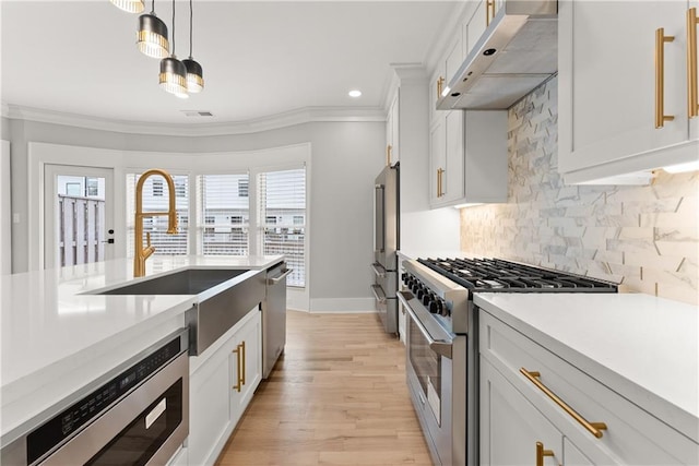 3932 Boston Common St, Suwanee, GA 30024 - kitchen featuring premium appliances, custom range hood, crown molding, light countertops, and decorative light fixtures
