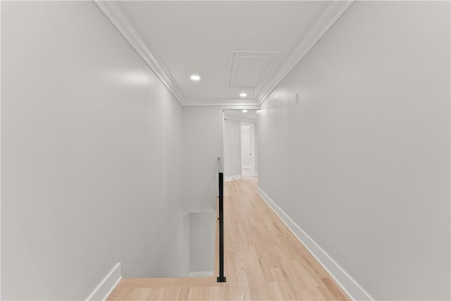 3932 Boston Common St, Suwanee, GA 30024 - hallway featuring attic access, ornamental molding, recessed lighting, baseboards, and light wood-style flooring