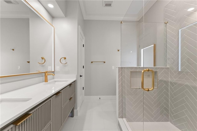 3932 Boston Common St, Suwanee, GA 30024 - full bath with double vanity, ornamental molding, a shower stall, baseboards, and recessed lighting
