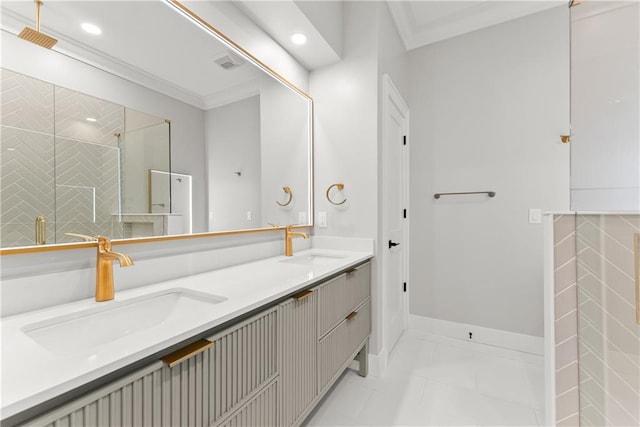 3932 Boston Common St, Suwanee, GA 30024 - full bath with ornamental molding, double vanity, a stall shower, marble look tile flooring, and recessed lighting