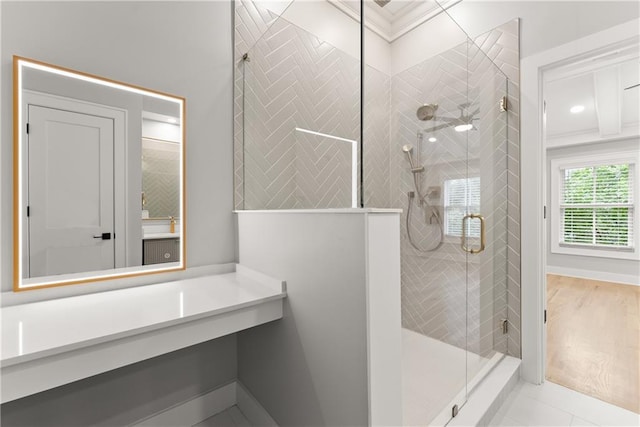 3932 Boston Common St, Suwanee, GA 30024 - bathroom featuring a shower stall, vanity, and baseboards
