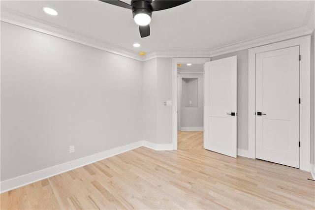 3932 Boston Common St, Suwanee, GA 30024 - unfurnished bedroom with crown molding, baseboards, light wood-style floors, recessed lighting, and a ceiling fan