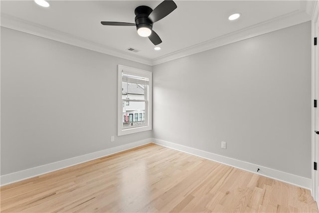 3932 Boston Common St, Suwanee, GA 30024 - empty room featuring a ceiling fan, light wood finished floors, baseboards, crown molding, and recessed lighting