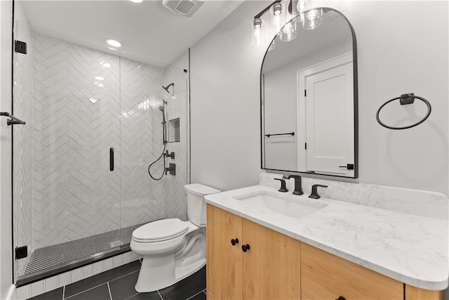 3932 Boston Common St, Suwanee, GA 30024 - full bathroom with vanity, toilet, a shower stall, tile patterned flooring, and recessed lighting
