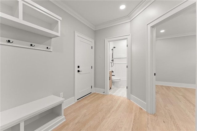 3932 Boston Common St, Suwanee, GA 30024 - mudroom with ornamental molding, light wood-type flooring, recessed lighting, and baseboards