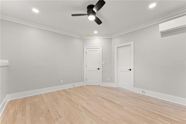 3932 Boston Common St, Suwanee, GA 30024 - unfurnished room featuring an AC wall unit, ornamental molding, ceiling fan, light wood-type flooring, and baseboards