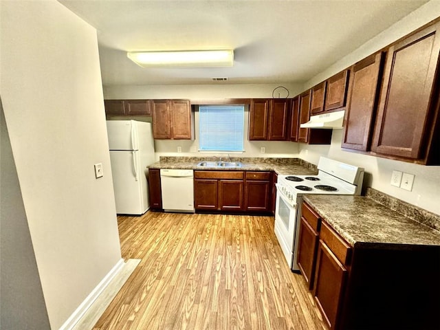 kitchen featuring light hardwood / wood-style flooring, sink, and white appliances