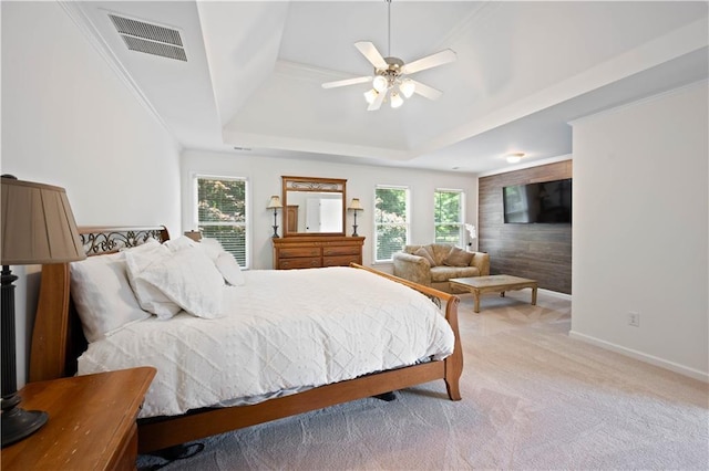 4108 Wyndam Hill Dr, Suwanee, GA 30024 - bedroom with a tray ceiling, multiple windows, light colored carpet, and ceiling fan