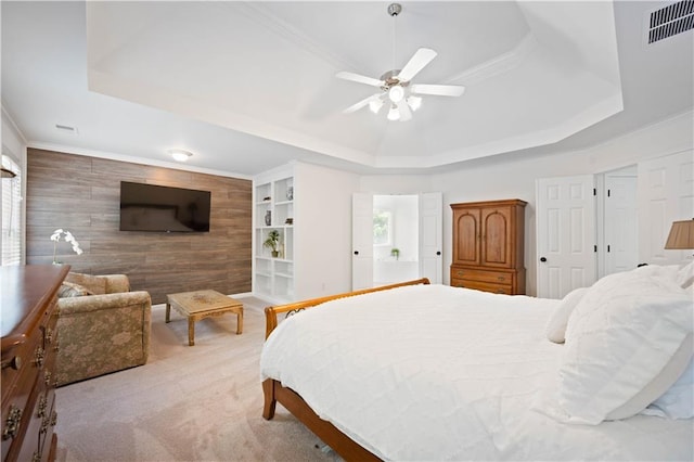 4108 Wyndam Hill Dr, Suwanee, GA 30024 - bedroom featuring a raised ceiling, wooden walls, multiple windows, carpet flooring, and crown molding
