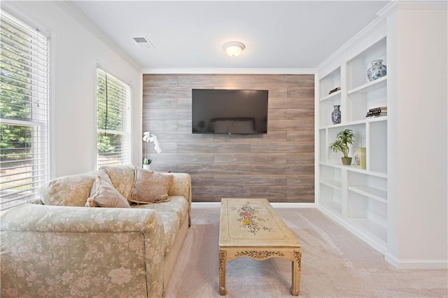 4108 Wyndam Hill Dr, Suwanee, GA 30024 - living room with carpet, built in features, and ornamental molding