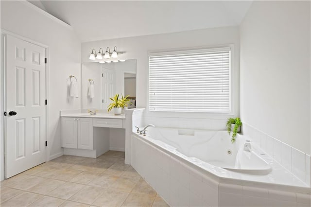 4108 Wyndam Hill Dr, Suwanee, GA 30024 - full bath featuring vanity, a tub with jets, and lofted ceiling