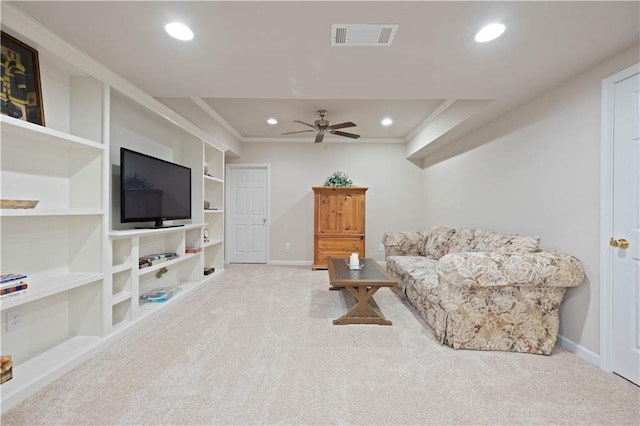 4108 Wyndam Hill Dr, Suwanee, GA 30024 - sitting room with carpet floors, recessed lighting, ceiling fan, crown molding, and built in features