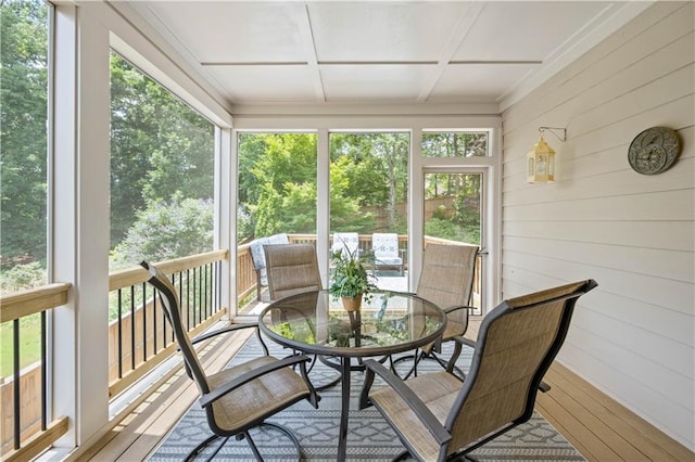 4108 Wyndam Hill Dr, Suwanee, GA 30024 - sunroom featuring outdoor dining area, wood-type flooring, wooden walls, and coffered ceiling