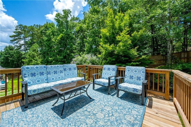 4108 Wyndam Hill Dr, Suwanee, GA 30024 - wooden terrace featuring outdoor lounge area and view of scattered trees