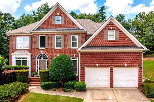 4108 Wyndam Hill Dr, Suwanee, GA 30024 - georgian-style home with brick siding, concrete driveway, a shingled roof, and an attached garage
