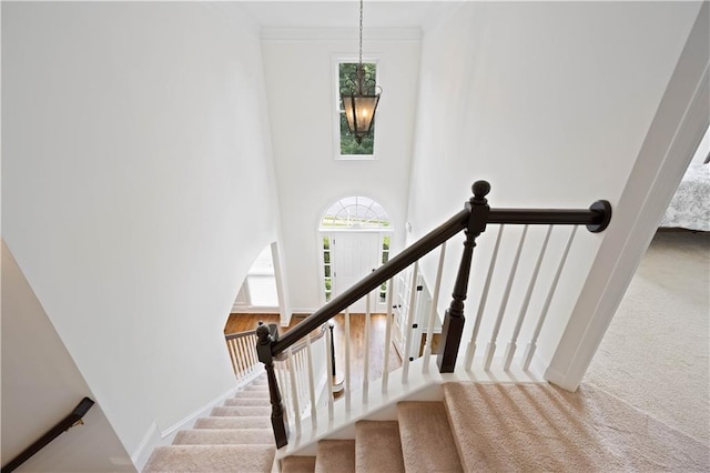 4108 Wyndam Hill Dr, Suwanee, GA 30024 - staircase featuring carpet floors, a high ceiling, and crown molding