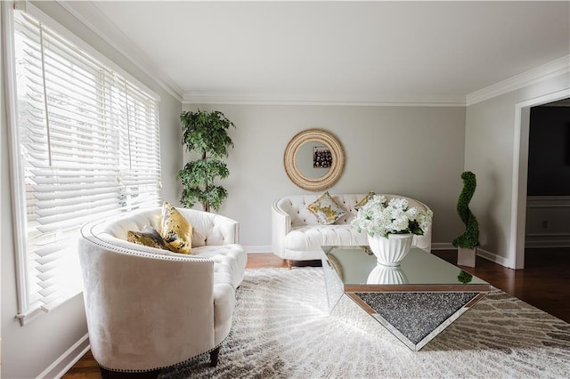 living room with baseboards, ornamental molding, and wood finished floors