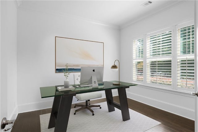 home office with ornamental molding and wood-type flooring