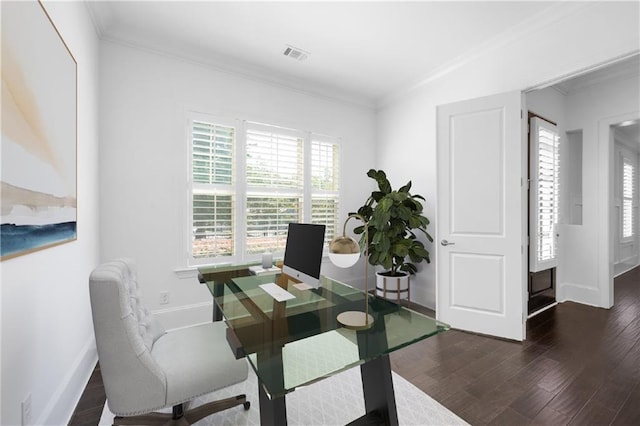 home office with crown molding, plenty of natural light, and dark hardwood / wood-style flooring