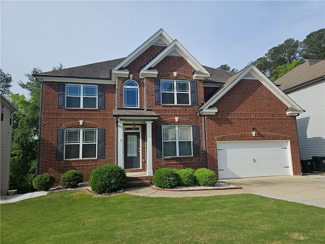 colonial-style house featuring brick siding, driveway, a front lawn, and roof with shingles