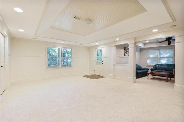 interior space with carpet and ceiling fan