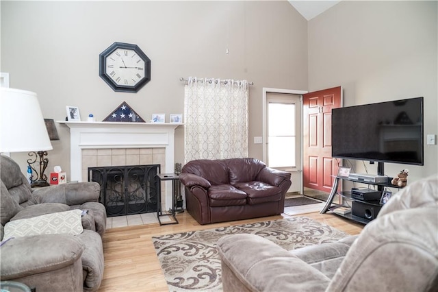 living room with lofted ceiling, a fireplace, and light hardwood / wood-style floors