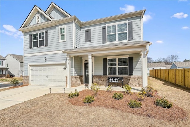 view of front of house featuring driveway, a porch, fence, board and batten siding, and a garage