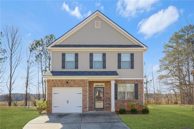 view of front of property with a garage and a front lawn